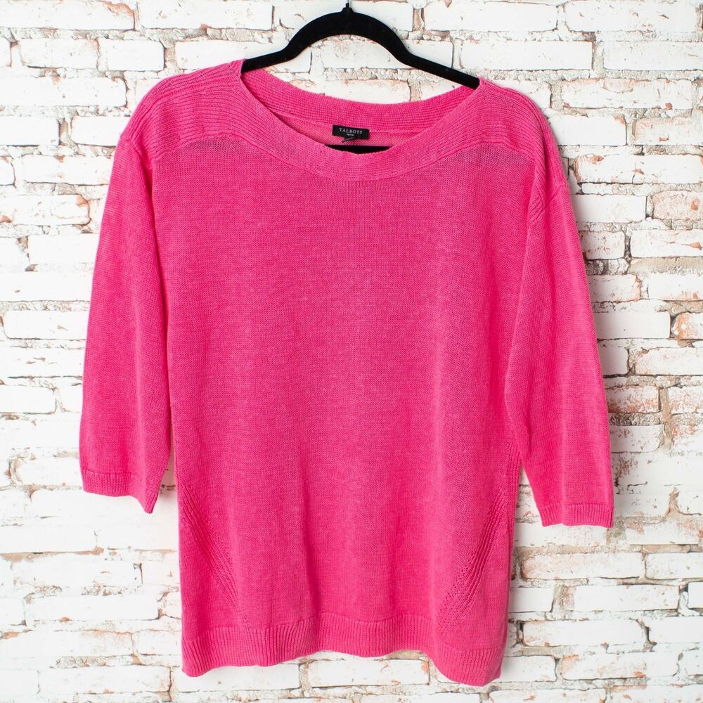 Talbots Petite Women's MP Pink 100% Linen Lightweight Knit Sweater 3/4 Sleeve